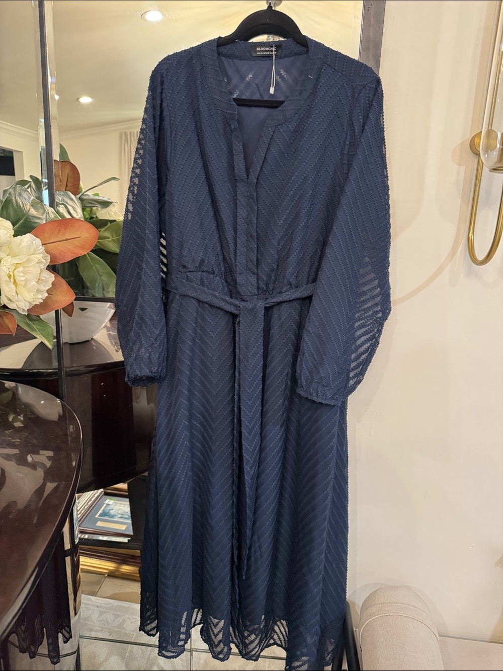 Bloomingdale's Navy Sheer Chevron Maxi Dress with Tie Waist
